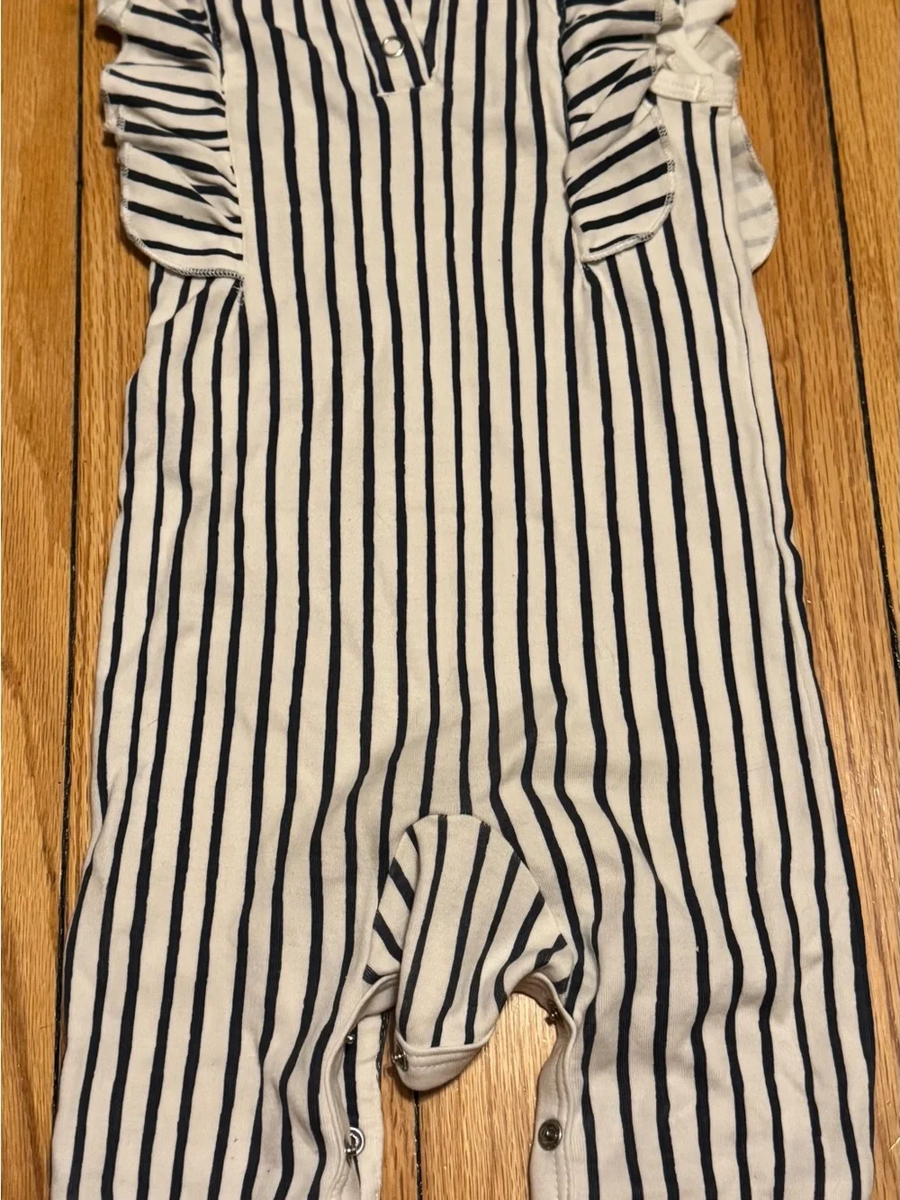 Pehr navy blue striped sleeveless ruffle romper 6-12M